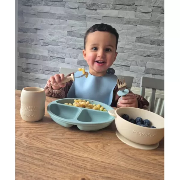 PandaEar Silicone Baby Feeding Set 2 Divided Suction Plate  2 Suction Bowl  2 Tiny Cup with 2 Spoons Baby Led Weaning Supplies Self Feeding Utensils Pink GrayBlue White
