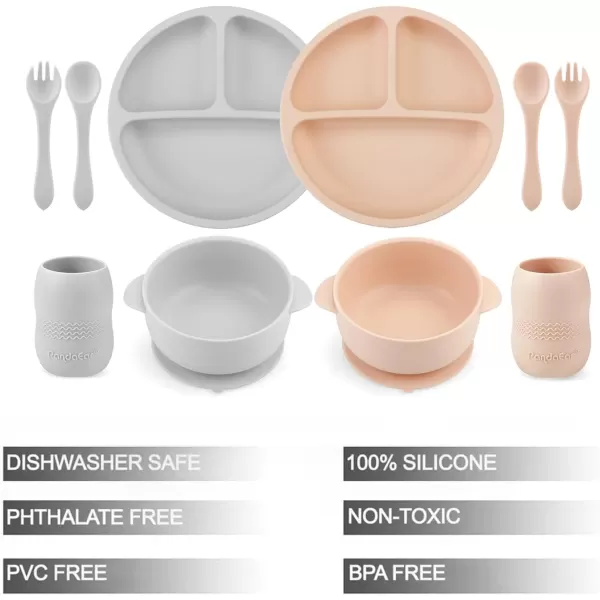 PandaEar Silicone Baby Feeding Set 2 Divided Suction Plate  2 Suction Bowl  2 Tiny Cup with 2 Spoons Baby Led Weaning Supplies Self Feeding Utensils Pink GrayPink Gray