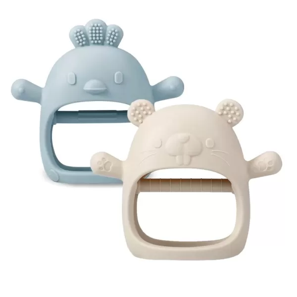 PandaEar 2 Pack Silicone Baby Teething Toys Baby Hand Teether Mitten for Sucking Needs Baby Chew Toys Hand Pacifier for Soothing Teething Pain Relief WhiteBlueWhiteBlue