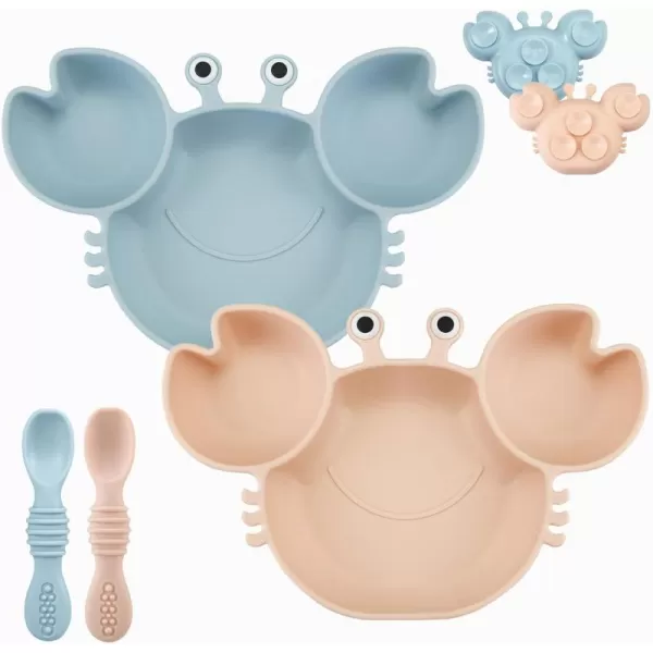 PandaEar 2 Pack Silicone Suction Plate for Baby Divided Unbreakable Toddler Food Plate with 2 Pack Spoons for Self Feeding Toddler Utensils Feeding Set Baby Eating Supplies Crab Shape BlueampampPinkBluePink