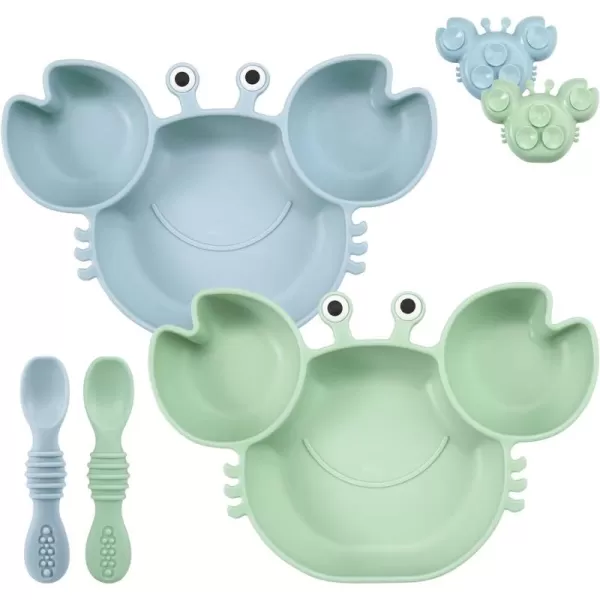 PandaEar 2 Pack Silicone Suction Plate for Baby Divided Unbreakable Toddler Food Plate with 2 Pack Spoons for Self Feeding Toddler Utensils Feeding Set Baby Eating Supplies Crab Shape BlueampampPinkBlueGreen