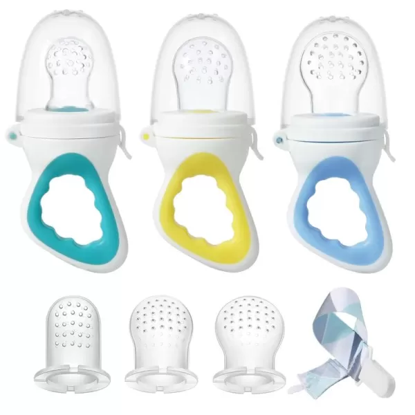 PandaEar 3 Pack Baby Feeder Fresh Fruit Food Feeder with 3 Different Size Silicone Pouch and 1 Pacifier Clips Training Massaging Toy Teether