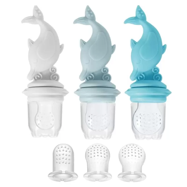 PandaEar 3 Pack Silicone Baby Food Fruit Pacifier Feeder Silicone Feeder Fruit Holder Sucker for Baby Infant with 3 Different Size Silicone Pouch Teething Feeder Dolphin