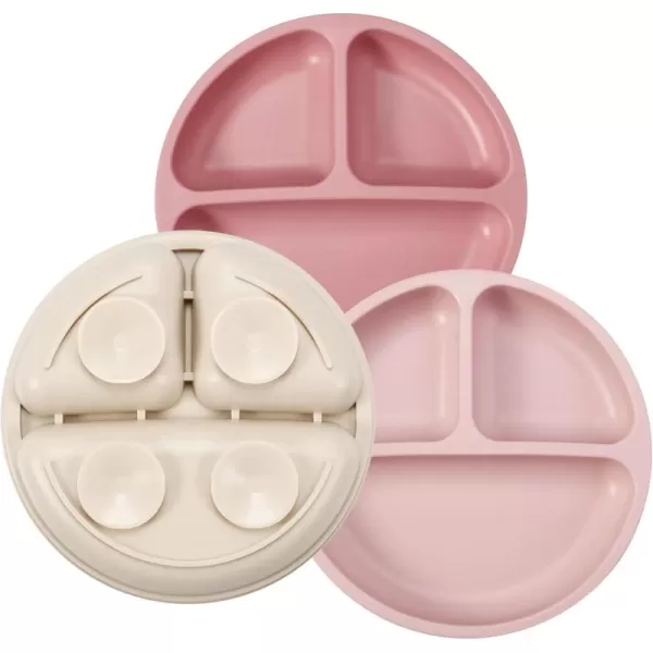 PandaEar 3 Pack Toddler Plates Silicone Divided Suction Plate for Babies BPAFree 100 FoodGrade Silicone Unbreakable Baby Plate PinkLinenLight PinkPinkLinenLight Pink