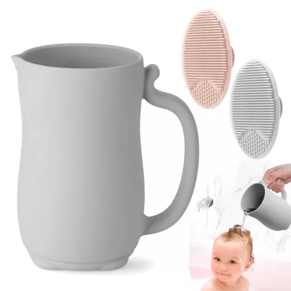 PandaEar Baby Bath Rinse Cup Silicone Baby Shampoo Rinser with 2 Pack Cradle Cap Brush for Kids Toddler Body Washing PinkGrey