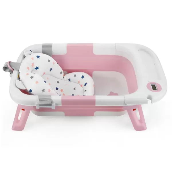 PandaEar Baby Bathtub for Newborn Infant Collapsible Baby Infant Bath Tub Toddler Travel Bathtub with Soft Cushion ampamp Drain Hole for Toddler 024 Months GrayPink