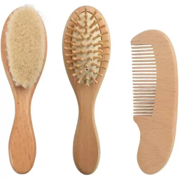 PandaEar Baby Hair Brush and Comb Set for Newborn Natural Wooden Hairbrush with Soft Goat Bristles Pear Wood Comb and Wooden Massage Brush for Infant Toddler KidsBrown