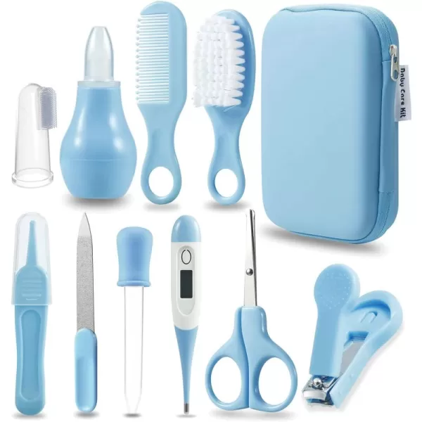 PandaEar Baby Healthcare and Grooming Kit Baby Safety Set Baby Comb Brush Finger Toothbrush Nail Clippers Scissors Nasal Aspirator Baby Essentials Nursery Care Kit BlueBlue