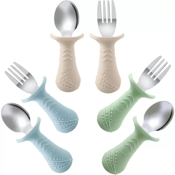 PandaEar Baby Toddler Fork and Spoon Utensil Set 6 Pack Silicone Stainless Steel Silverware Spoon Fork for Babies Toddler BPA Free with Silicone Holding AntiChoke Design BlueampampGreenampampLight TanBlueGreenLight Tan