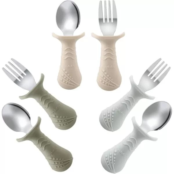PandaEar Baby Toddler Fork and Spoon Utensil Set 6 Pack Silicone Stainless Steel Silverware Spoon Fork for Babies Toddler BPA Free with Silicone Holding AntiChoke Design BlueampampGreenampampLight TanLight TanWalnutGrey