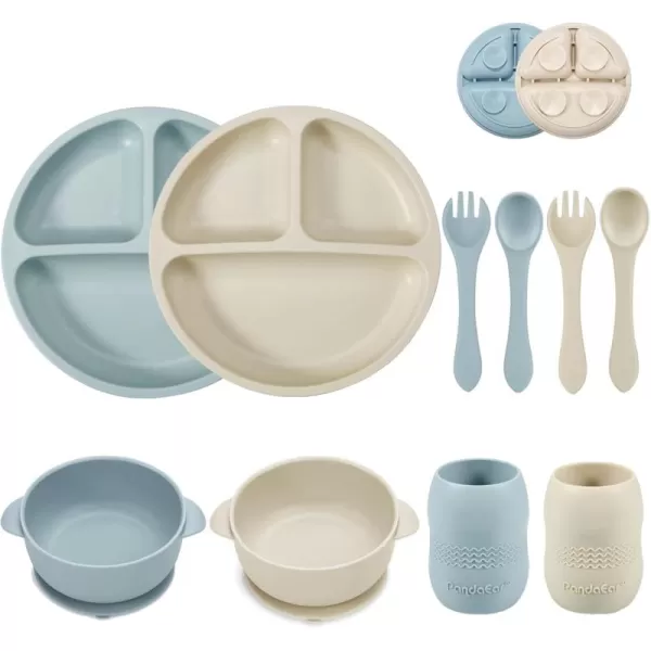 PandaEar Silicone Baby Feeding Set 2 Divided Suction Plate  2 Suction Bowl  2 Tiny Cup with 2 Spoons Baby Led Weaning Supplies Self Feeding Utensils Pink GrayBlue White