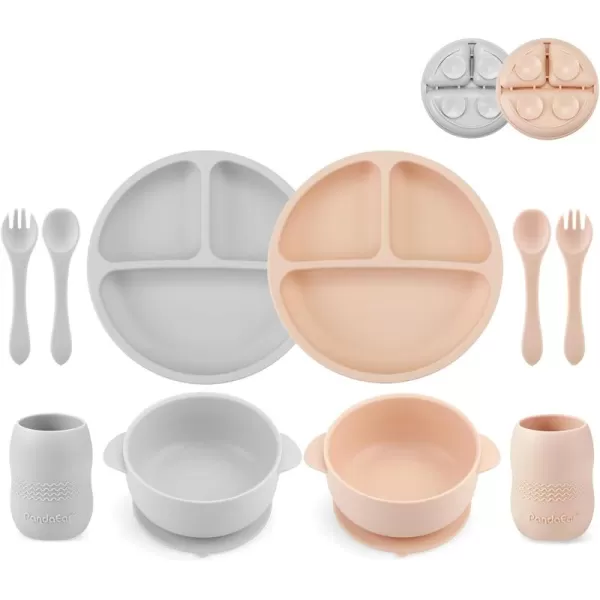 PandaEar Silicone Baby Feeding Set 2 Divided Suction Plate  2 Suction Bowl  2 Tiny Cup with 2 Spoons Baby Led Weaning Supplies Self Feeding Utensils Pink GrayPink Gray