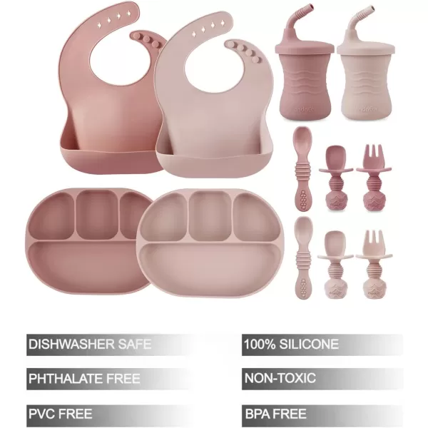 PandaEar 12PCS Silicone Baby Feeding Set  2 Sectioned Baby Suction Plate 2 Baby Bibs 2 Toddler Cup 4 Baby Spoons ampamp 2 Baby Forks  Baby Led Weaning Supplies