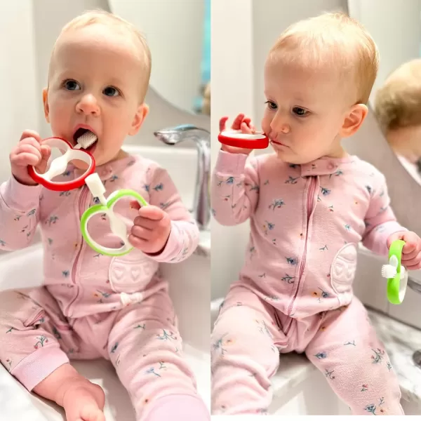 PandaEar 2 Pack Baby Toothbrush Silicone DoubleSided Oral Care Teether Brush for Infant 6 to 12 Months Easy to Hold Green ampamp Red