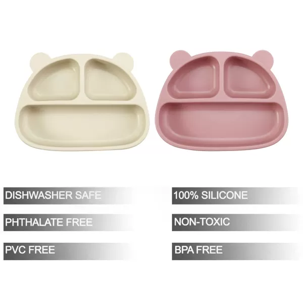PandaEar 2 Pack Silicone Baby Suction Plates with 2 Spoons for Self Feeding 100 Silicone Kids Toddler Suction Plates Divided Baby Plate Set Microwave ampamp Dishwasher Safe BPA Free