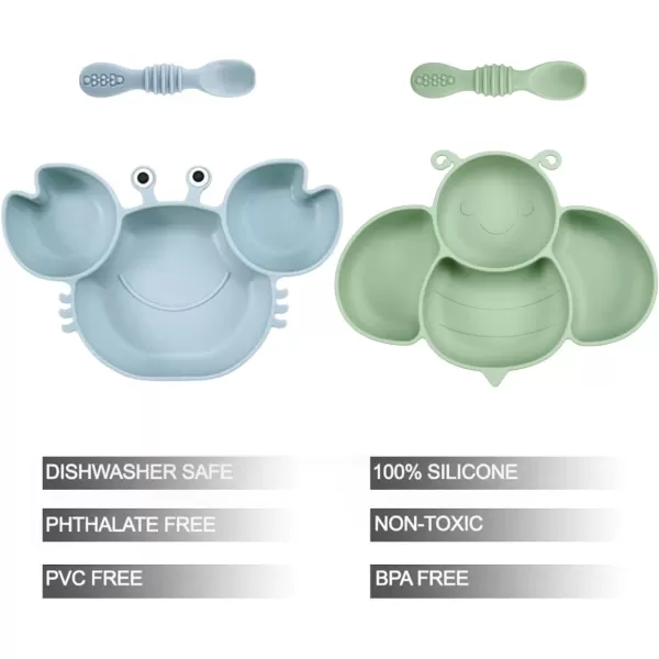PandaEar 2 Pack Silicone Suction Plates for Baby Divided Unbreakable Toddler Plate with 2 Pack Spoons for Self Feeding Babies Utensils Feeding Set Baby Eating Supplies Crab ampamp Bee Shape BlueampampGreen