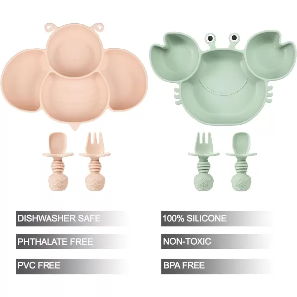 PandaEar 2 Pack Silicone Suction Plates for Toddlers Baby with 4 Spoons Self Feeding Divided Unbreakable Toddler Plates with Suction Baby Plates and Utensils Set Baby Dishes Green Crab ampamp Pink Bee