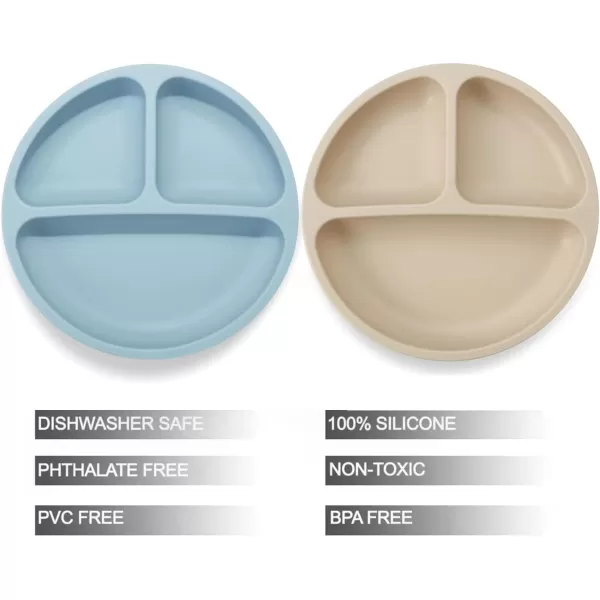 PandaEar 2 Pack Toddler Plates Silicone Suction Plates for Baby Kids Divided Unbreakable Baby Feeding Plate NonSlip NonToxic BPA Free Dishwasher and Microwave Safe