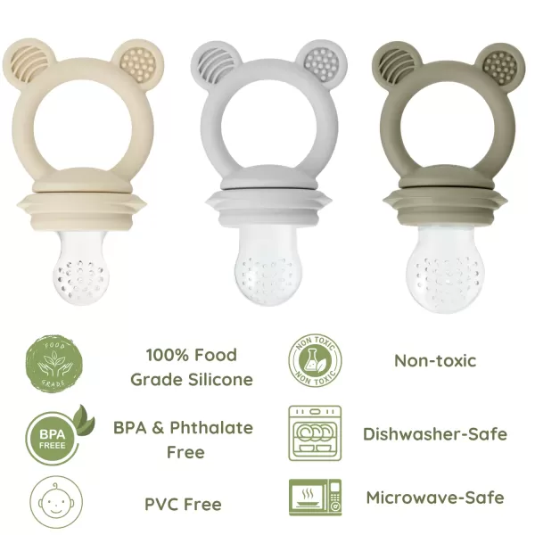 PandaEar 3 Pack Baby Fruit ampamp Food Feeder Pacifier Silicone Feeder Pacifier with 3 Sizes Pouches for Babies Toddlers Infants Kids BPAFree Food Grade Soft Safe TanGreyBrown