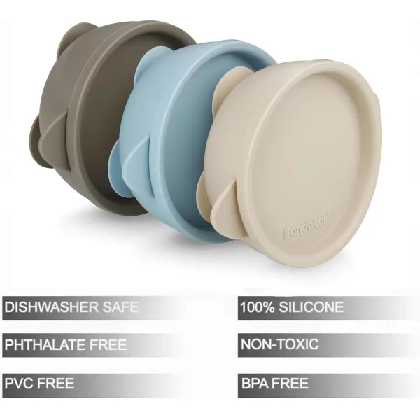 PandaEar 3 Pack Baby Suction Bowls with Lids LeakProof Stay Put Silicone Food Bowl for Babies Kids Toddlers Infants Food Grade Soft Safe BPAFree Silicone Blue Brown Tan