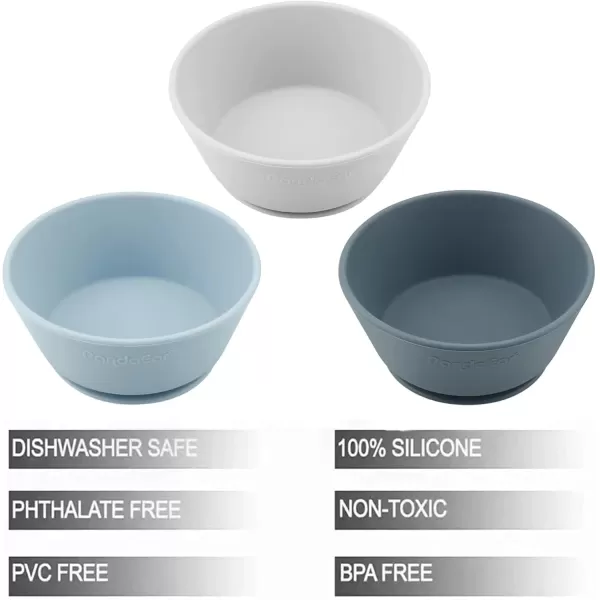 PandaEar 3 Pack Baby Suction BowlsSilicone Food Bowls First Stage Feeding for Baby Toddler Infant Kids Food Grade Soft Safe BPAFree Silicone Toddler Bowls BlueGray
