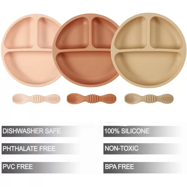 PandaEar 3 Pack Toddler Plates with 3 Spoons 100 Silicone Divided Suction Plate for Babies BPAFree Dishwasher and Microwave Safe PinkBrownBrick red