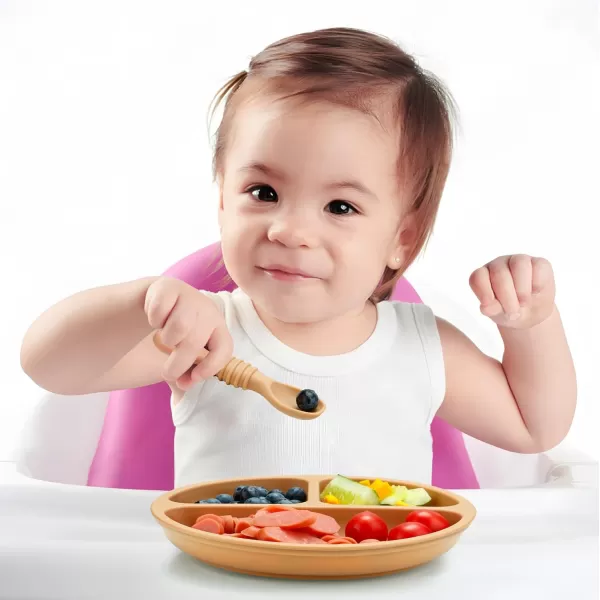 PandaEar 3 Pack Toddler Plates with 3 Spoons 100 Silicone Divided Suction Plate for Babies BPAFree Dishwasher and Microwave Safe PinkBrownBrick red