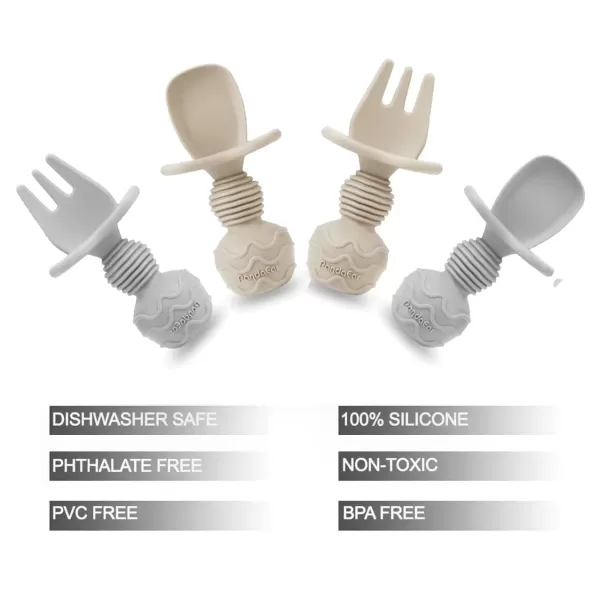 PandaEar 4 Pack Silicone Baby Spoons Forks Feeding Set Toddler Utensils Baby Led Weaning Supplies First Stage Baby Spoon Self Feeding 6 Months Old Baby EssentialsCarnation Grey