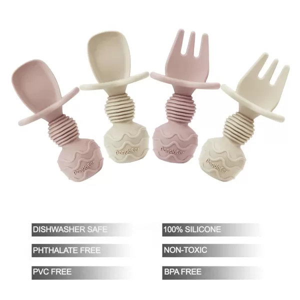 PandaEar 4 Pack Silicone Baby Spoons Forks Feeding Set Toddler Utensils Baby Led Weaning Supplies First Stage Baby Spoon Self Feeding 6 Months Old Baby EssentialsPink Blonde