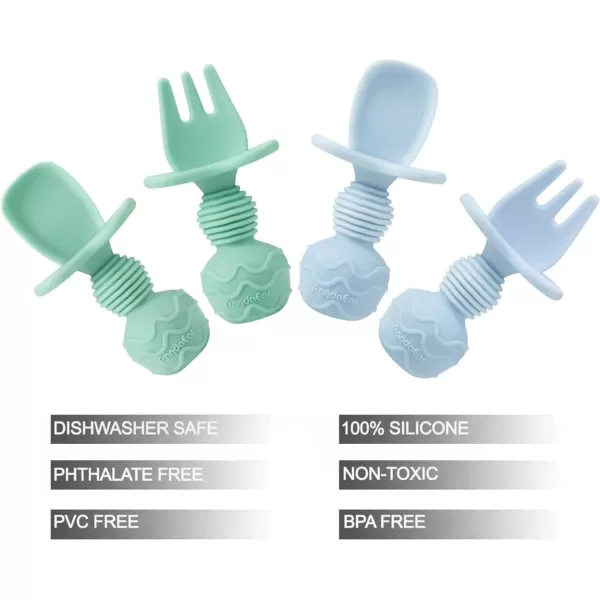 PandaEar 4 Pack Silicone Baby Spoons and Fork Feeding Set AntiChoke First Self Feeding Utensils for Baby Led Weaning Ages 3 Months CyanBlue