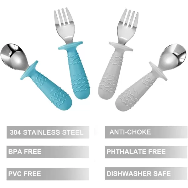 PandaEar 4 Set Baby Toddler Silicone Stainless Steel Utensils Silverware Spoon Fork for Baby Toddler BPA Free with Silicone Holding AntiChoke Design PinkampampGreyBlueGrey