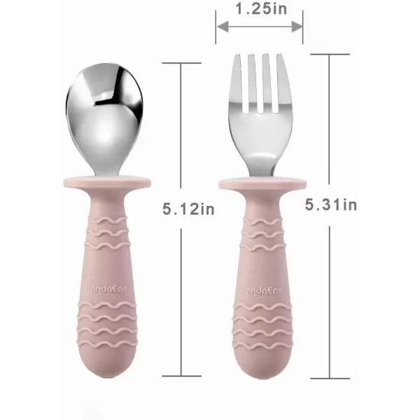PandaEar 4 Set Baby Toddler Silicone Stainless Steel Utensils Silverware Spoon Fork for Baby Toddler BPA Free with Silicone Holding AntiChoke Design PinkampampGreyPinkGrey
