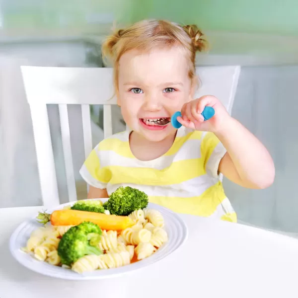 PandaEar 4 Set Baby Toddler Silicone Stainless Steel Utensils Silverware Spoon Fork for Baby Toddler BPA Free with Silicone Holding AntiChoke Design PinkampampGreyBlueGrey