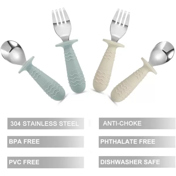 PandaEar 4 Set Baby Toddler Silicone Stainless Steel Utensils Silverware Spoon Fork for Baby Toddler BPA Free with Silicone Holding AntiChoke Design PinkampampGreyMorandi Green  Milky White