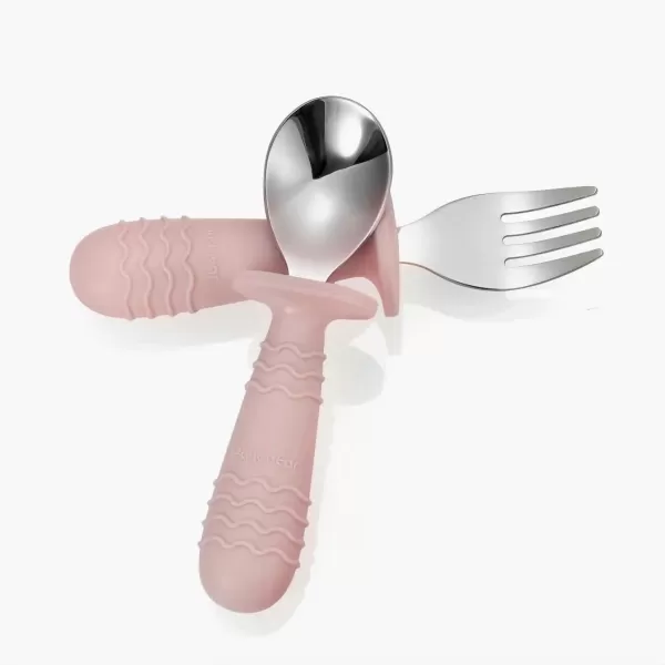 PandaEar 4 Set Baby Toddler Silicone Stainless Steel Utensils Silverware Spoon Fork for Baby Toddler BPA Free with Silicone Holding AntiChoke Design PinkampampGreyPinkGrey