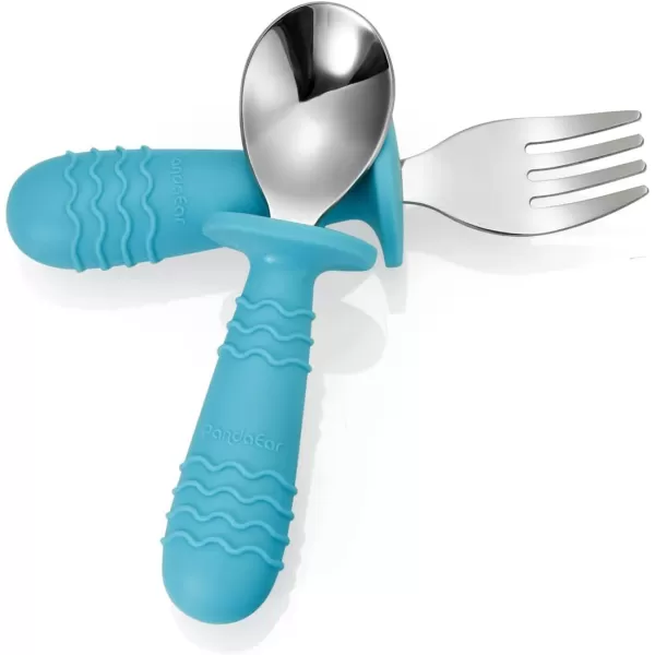 PandaEar 4 Set Baby Toddler Silicone Stainless Steel Utensils Silverware Spoon Fork for Baby Toddler BPA Free with Silicone Holding AntiChoke Design PinkampampGreyBlueGrey
