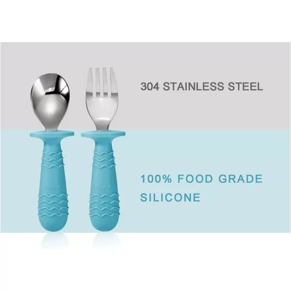 PandaEar 4 Set Baby Toddler Silicone Stainless Steel Utensils Silverware Spoon Fork for Baby Toddler BPA Free with Silicone Holding AntiChoke Design PinkampampGreyBlueGrey
