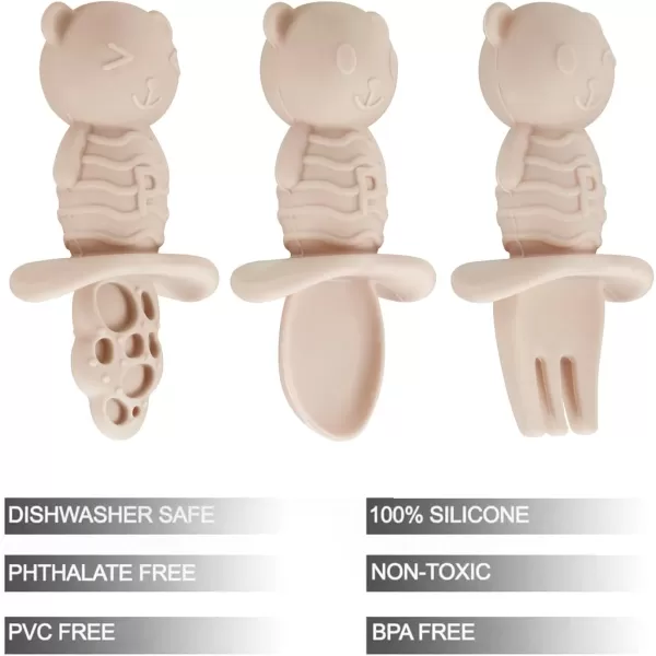 PandaEar 6 Pack Baby Led Weaning Spoons Forks 6 Months  Silicone Baby Spoons and Fork Self Feeding Utensils Toddler Infant AntiChoke Feeding Utensils Bear Shape Light TanWalnutLight TanWalnut