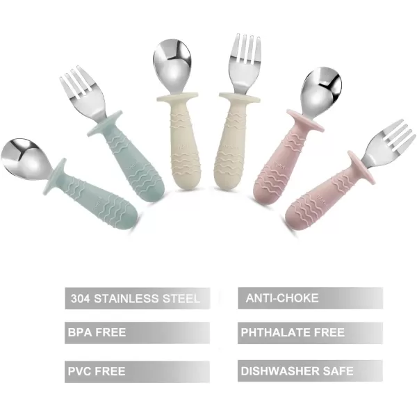 PandaEar 6 Pieces Baby Toddler Silicone Stainless Steel Utensils Silverware Spoon Fork for Baby Toddler BPA Free with Silicone Holding AntiChoke Design