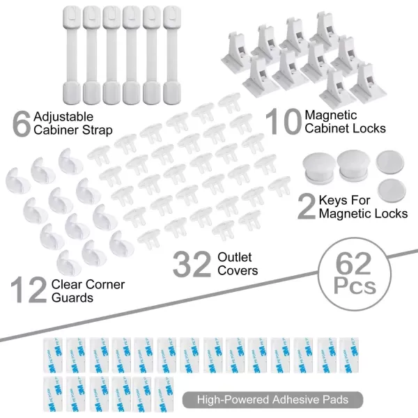 PandaEar Baby Child Safety Proofing Kit 62 Pcs Set 6 Adjustable Adhesive Cabinet Straps 12 Clear Corner Protectors Guards 32 Outlet Plug Covers 10 Magnetic Cabinet Locks with 2 Keys No Drill Req