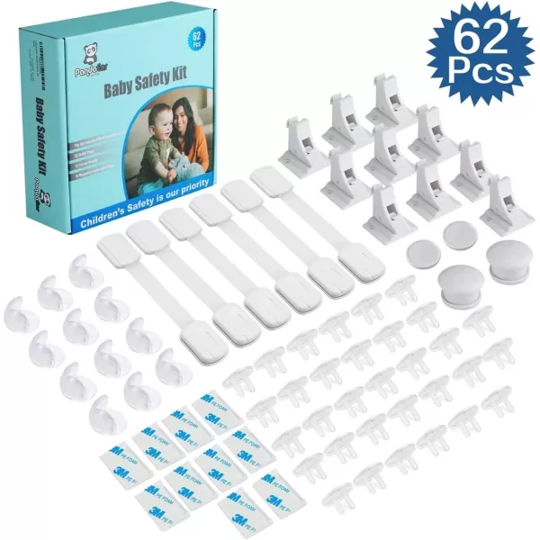 PandaEar Baby Child Safety Proofing Kit 62 Pcs Set 6 Adjustable Adhesive Cabinet Straps 12 Clear Corner Protectors Guards 32 Outlet Plug Covers 10 Magnetic Cabinet Locks with 2 Keys No Drill Req