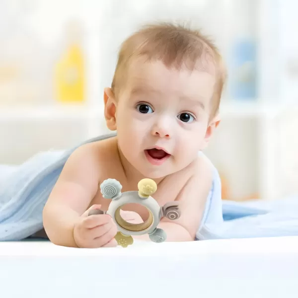 PandaEar Baby Teething Toys  Silicone Rudder Toy with Wooden Rings for Soothing Teething Pain Relief  Silicone Rudder with Wooden Ring for lnfants ampamp Toddlers 6 Months GreyGrey