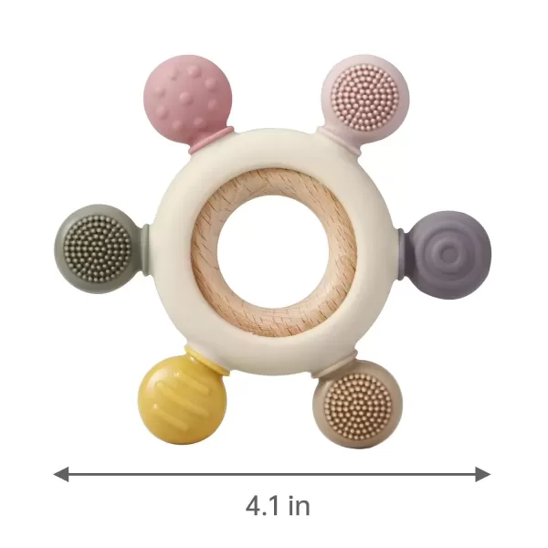 PandaEar Baby Teething Toys  Silicone Rudder Toy with Wooden Rings for Soothing Teething Pain Relief  Silicone Rudder with Wooden Ring for lnfants ampamp Toddlers 6 Months GreyPink