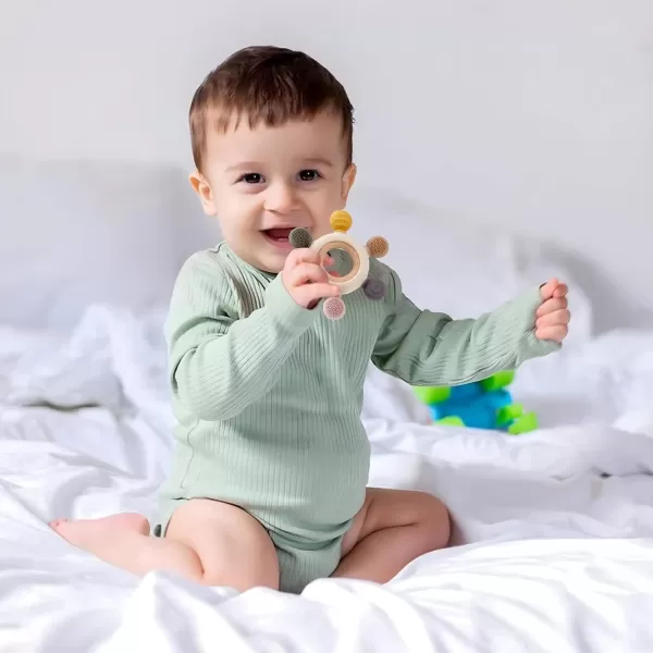PandaEar Baby Teething Toys  Silicone Rudder Toy with Wooden Rings for Soothing Teething Pain Relief  Silicone Rudder with Wooden Ring for lnfants ampamp Toddlers 6 Months GreyPink