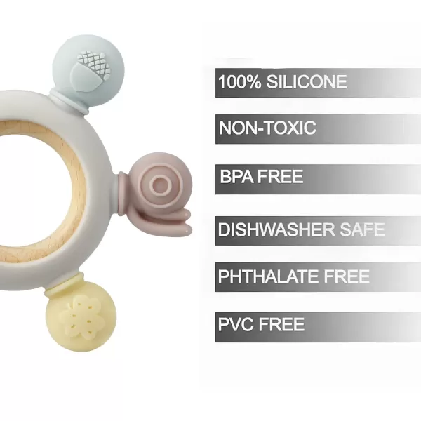 PandaEar Baby Teething Toys  Silicone Rudder Toy with Wooden Rings for Soothing Teething Pain Relief  Silicone Rudder with Wooden Ring for lnfants ampamp Toddlers 6 Months GreyGrey