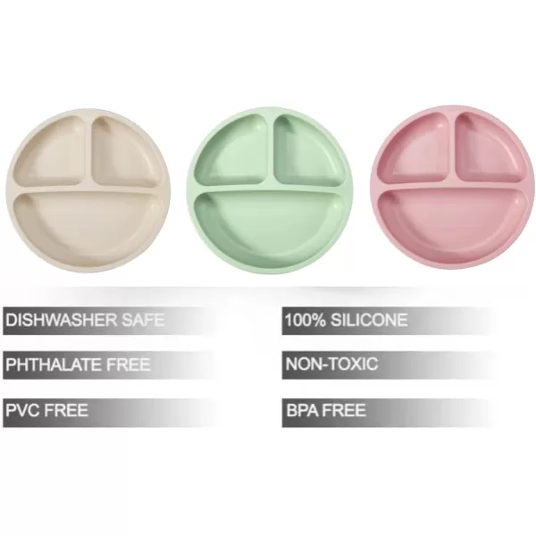 PandaEar Divided Unbreakable Silicone Baby and Toddler Plates  3 Pack  NonSlip  Dishwasher and Microwave Safe  Silicone Blue Green BrownPink Green Light Tan