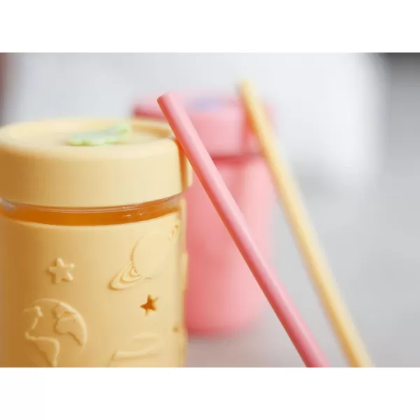 PandaEar Kids ampamp Toddler Glass Cups 4 Pack Glass Mason Jar Cups 845 oz with Silicone Sleeves ampamp Straws Toddler SpillProof Smoothie ampamp Snack Cups