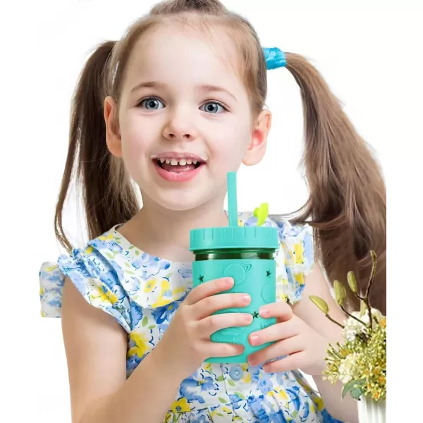 PandaEar Kids ampamp Toddler Glass Cups 4 Pack Glass Mason Jar Cups 845 oz with Silicone Sleeves ampamp Straws Toddler SpillProof Smoothie ampamp Snack Cups