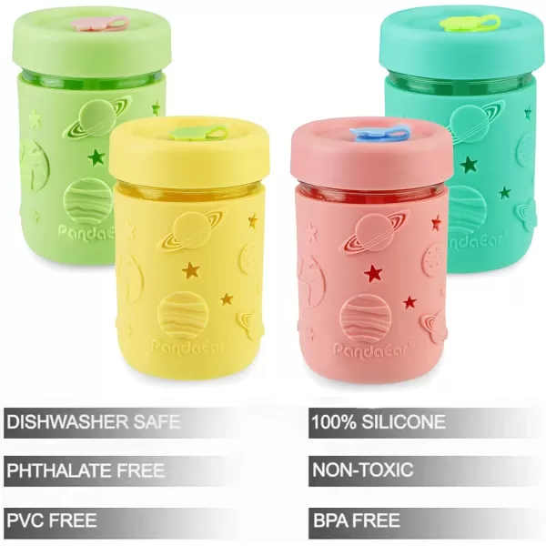 PandaEar Kids ampamp Toddler Glass Cups 4 Pack Glass Mason Jar Cups 845 oz with Silicone Sleeves ampamp Straws Toddler SpillProof Smoothie ampamp Snack Cups