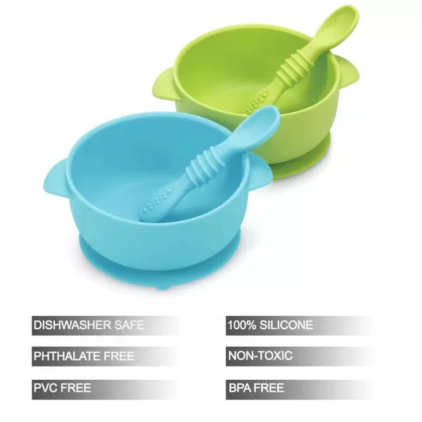 PandaEar Set of 2 Silicone Stay Put Suction Bowls  Large Cup Base Food Grade Soft Safe BPAFree Silicone  Babies Toddlers Infants  Blue ampamp GreenBlue  Green